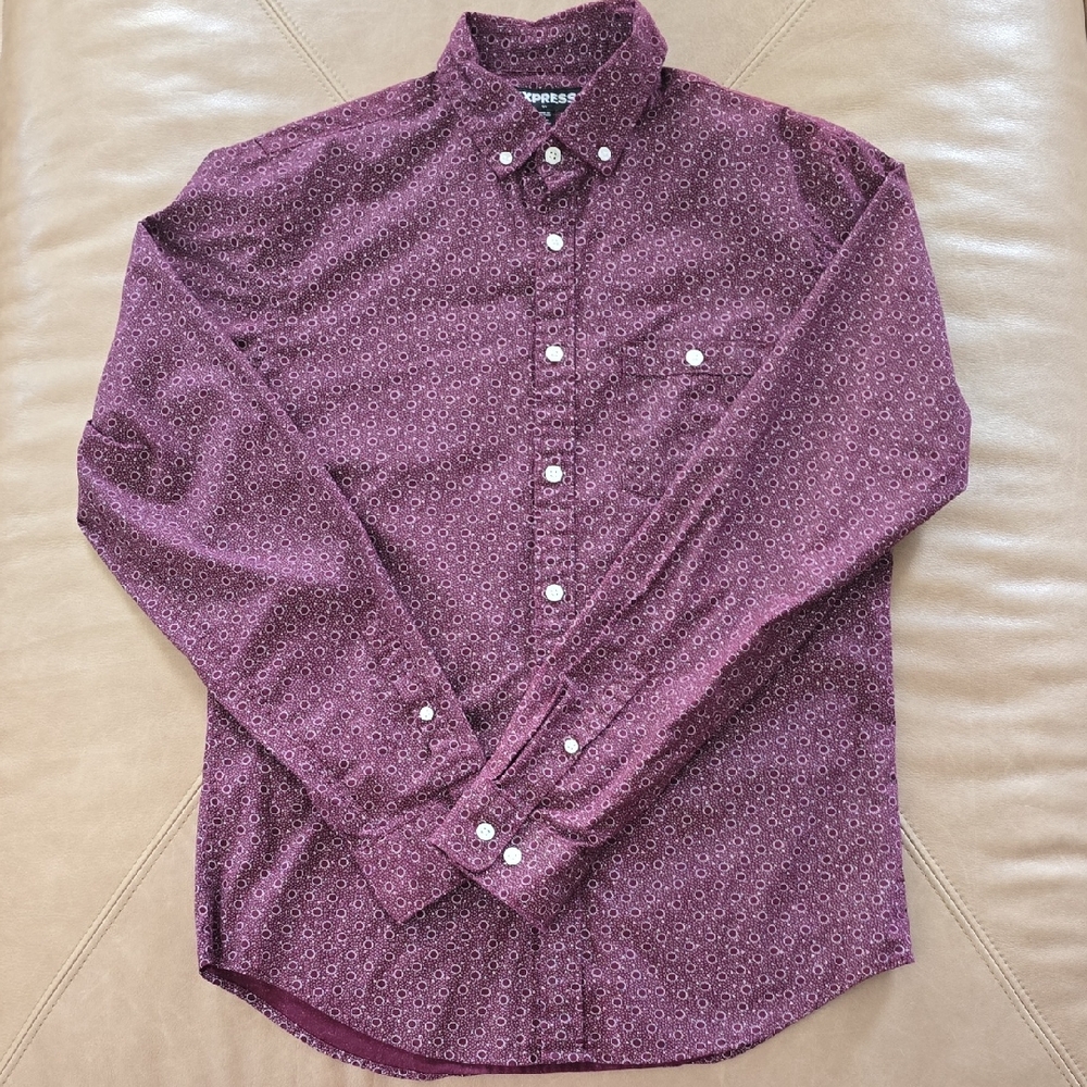 Express Men's Maroon Patterned Button Down Shirt
